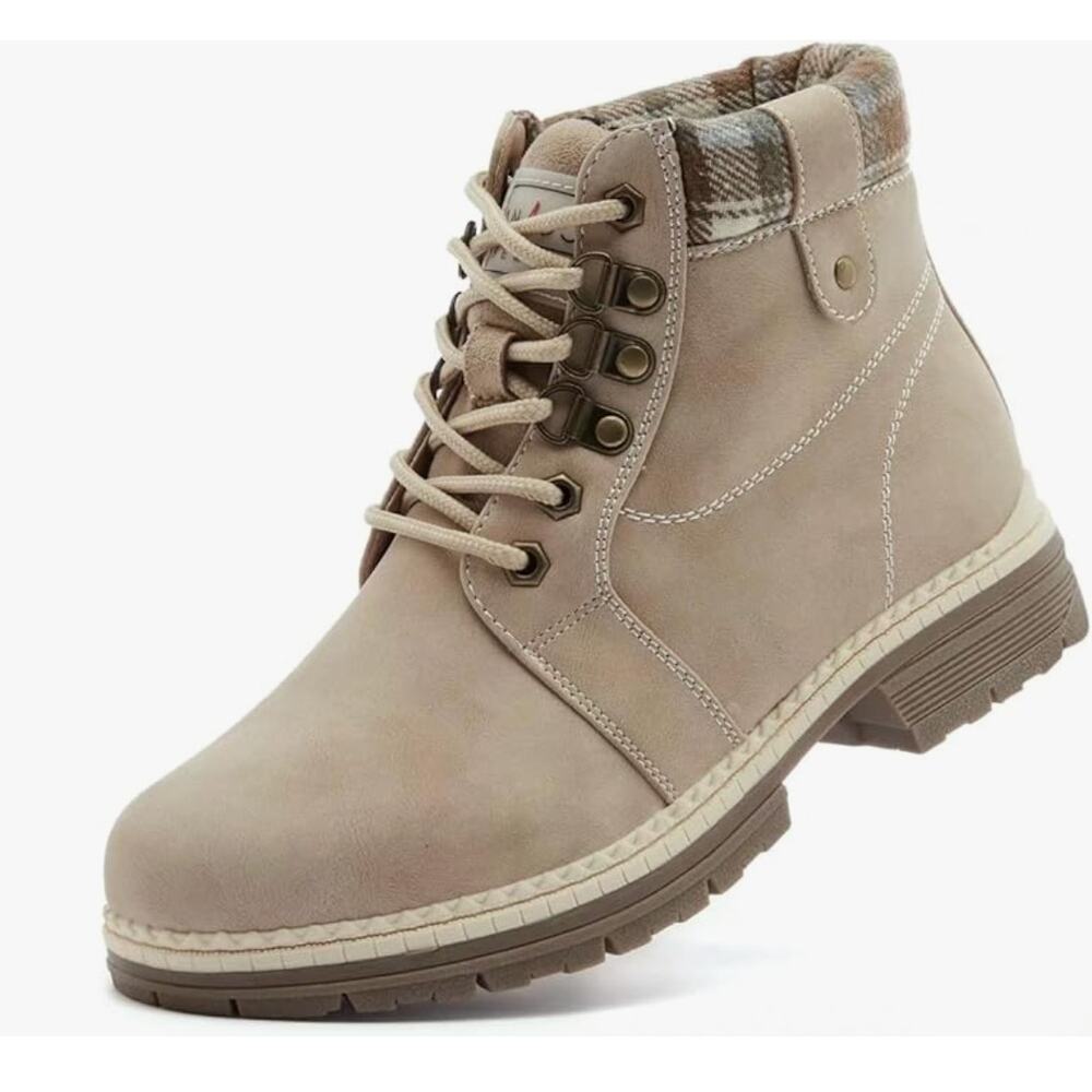 Anjou Femme Hiking Boots 6.5 NWT Plaid Tan Combat Lace Ankle Booties Lug Sole